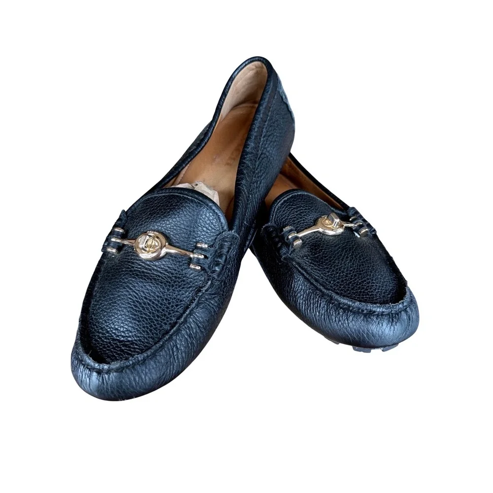 Coach Arlene Black Pebbled Leather Turnlock Driver Loafers Womens 9.5B Preppy